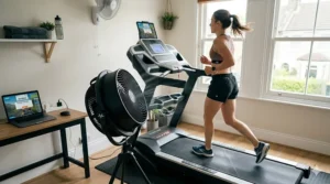 An ANT+ and Bluetooth chest strap heart rate monitor syncing with the Zwift app interface for accurate training data.