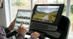 A side-by-side comparison of the iFit app on an iPad versus the integrated treadmill touchscreen during a Scottish Highlands run.