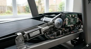 A technical close-up of the treadmill's internal motor and gears that facilitate automatic incline and speed adjustments.