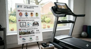 An infographic explaining the benefits of an iFit family membership for multiple users and devices in a UK household.