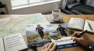 Printed iFit materials showcasing British personal trainers and scenic UK outdoor workout locations like the Lake District.