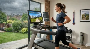 A runner enjoying a sunny virtual route on an interactive treadmill while it rains outside a window in the UK.