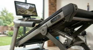 Side view illustration of a treadmill deck automatically adjusting its incline to match the terrain of a virtual mountain trail.