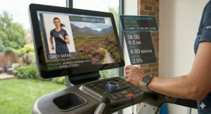 An on-screen fitness instructor leading a structured training programme on an interactive treadmill with virtual routes.