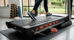 Detailed view of the cushioned running deck on a reliable electric treadmill to reduce impact on joints during daily use.