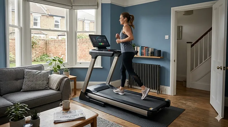 A compact, low noise treadmill positioned on a protective black floor mat in a modern UK terraced house living room, featuring a bay window and period radiator. low noise treadmill uk terraced house