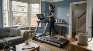 A person jogging on a quiet treadmill at 6:30 am in a Victorian-style living room, demonstrating a morning fitness routine that does not disturb the rest of the household.