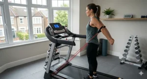 A person performing a lat pulldown using a high anchor point and resistance bands integrated into the treadmill frame in a sunlit UK home gym.