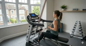 A user seated on a treadmill's deployed bench performing a seated row with resistance bands attached to a low-level anchor point.