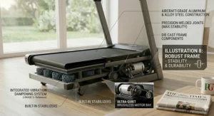 Someone using a whisper quiet motor treadmill in a terraced house during the evening to avoid disturbing neighbours.