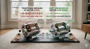 Technical diagram comparing a loud traditional AC motor with a quiet brushless DC motor for low-noise treadmill operation in UK homes.