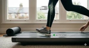 Biomechanical illustration of mid-foot striking on a treadmill to demonstrate quiet running technique for residents in shared buildings.