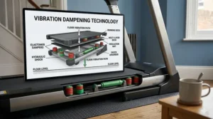 A technical diagram showing the vibration dampening technology and shock absorbers under a treadmill deck designed to reduce noise through timber floors in a flat.