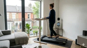 A professional working at a standing desk in a compact UK flat while using a quiet under-desk walking pad for low-impact exercise.