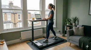 A person using an under-desk walking pad while working from home in a bright, modern UK flat.