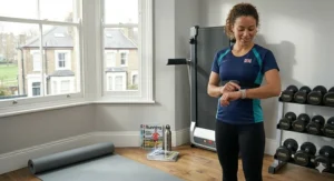 A female runner in the UK checking her heart rate on a Garmin smartwatch while wearing a synchronised Bluetooth chest strap.