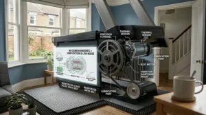 A detailed internal view of a treadmill’s brushless motor and silent drive belt technology, highlighting the engineering used to maintain a quiet home workout environment.