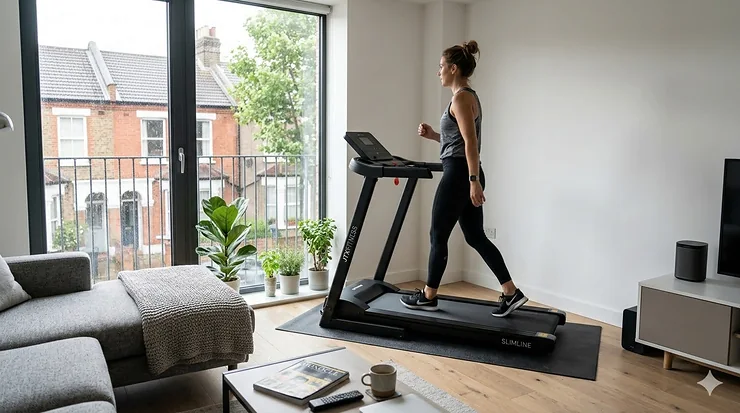 Slim silent treadmill positioned in a modern London apartment lounge with natural light and a view of traditional British terraced houses. silent treadmill uk apartment friendly
