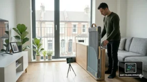An ultra-slim walking pad stored vertically behind a sofa in a typical minimalist UK living room setup.