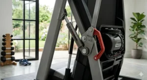 A reliable electric treadmill folded upright to save space in a typical UK spare room or flat.