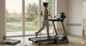 A compact, folding treadmill being tucked away in a typical British apartment to save floor space.