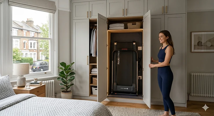 A storage friendly treadmill wardrobe integrated into a modern bedroom, showing how the equipment folds away to save floor space in a UK flat. storage friendly treadmill wardrobe