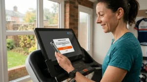 A runner sharing their indoor treadmill session to a UK Strava running club on their phone.