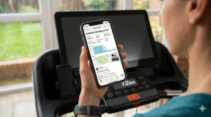 A smartphone screen displaying Strava running metrics including pace and distance recorded from a compatible smart treadmill.