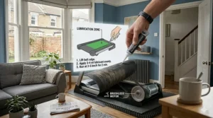 A close-up guide showing the correct way to apply silicone lubricant to a treadmill belt to ensure quiet operation and reduce friction noise in a terraced house.