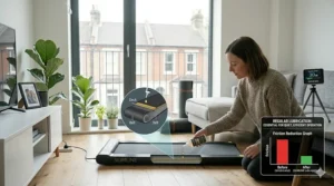 A person applying silicone lubrication to a treadmill belt to ensure a quiet and smooth running programme for neighbours.