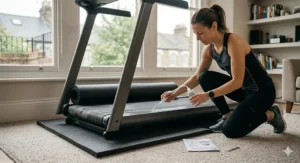 Applying silicone lubricant to a treadmill belt in a London apartment to reduce friction noise and prevent mechanical squeaking.