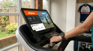 A runner using a smart treadmill that works with Strava and Zwift for an interactive indoor running experience.