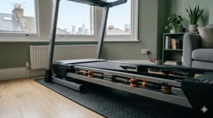 Close-up of the internal shock absorption springs and dampeners under a treadmill deck designed to reduce footfall noise.