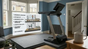 An illustration showing a cross-section of a terraced house with a low noise treadmill on a high-density rubber mat to prevent sound reaching the neighbours or upstairs flats.