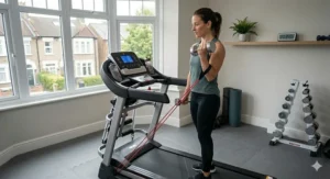 Standing view of a user performing a tricep extension using the low-anchored resistance bands on a multifunctional treadmill.