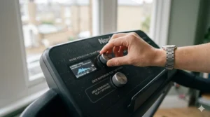 Close-up of a treadmill console showing quiet mode settings specifically optimised for use in upstairs flats.