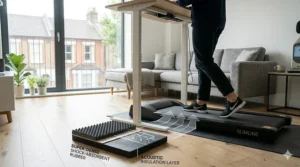 A thick shock-absorbing rubber mat and acoustic insulation layers placed under a treadmill to prevent noise complaints in a terrace house.