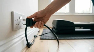 Neat cable management showing a treadmill power lead with a UK three-pin plug safely tucked away from the running belt.