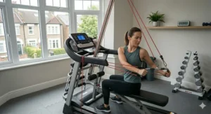 A person performing a seated oblique twist for a core workout using resistance bands attached to the treadmill console uprights.