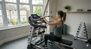 A person performing a seated shoulder press using resistance bands attached to the console uprights of a multifunctional treadmill.
