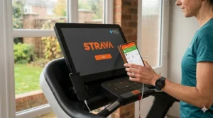 Close-up of a treadmill console with a Bluetooth icon connecting to the Strava app on a mobile device.