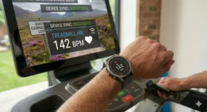 An interactive treadmill syncing data with a smartwatch and heart rate monitor during a virtual training session.