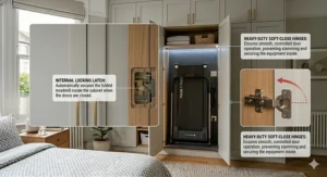 A safety locking latch and heavy-duty soft-close hinges on a treadmill wardrobe to keep the equipment secure when the doors are closed.