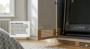 Illustration of discreet ventilation slats and linear door perforations in the wardrobe to ensure airflow for the stored running machine.