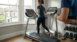 A runner using a Bluetooth-enabled treadmill to sync their heart rate and pace with a virtual training platform on a large screen.