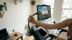 A side view of a treadmill setup showing a tablet mounted at eye level using a sturdy bracket to ensure comfortable posture during a virtual run.