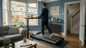 A person using an under-desk walking pad while working at a standing desk in a compact UK home office, ideal for low-impact movement without disturbing others.