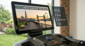 Digital illustration of a virtual route on a treadmill featuring the Thames Path in London with a view of Tower Bridge.