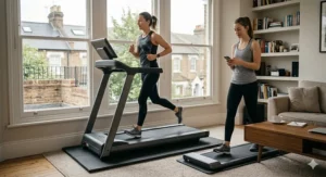 Visual comparison of a slim walking pad versus a traditional treadmill, highlighting the lower decibel output for those with neighbours below.