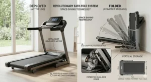A comparison chart showing the low decibel levels of a whisper quiet motor treadmill versus a standard vacuum cleaner.